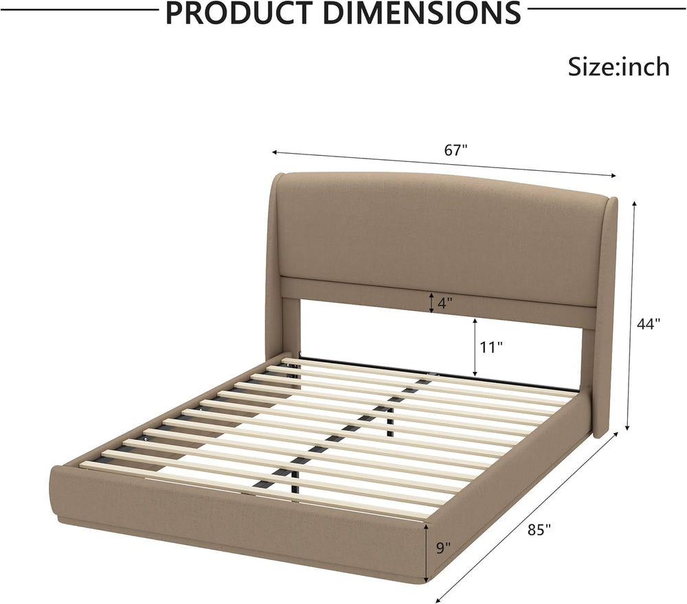 Queen Size Wooden Platform Bed, Upholstered Low Profile Linen Fabric Bed Fram...
