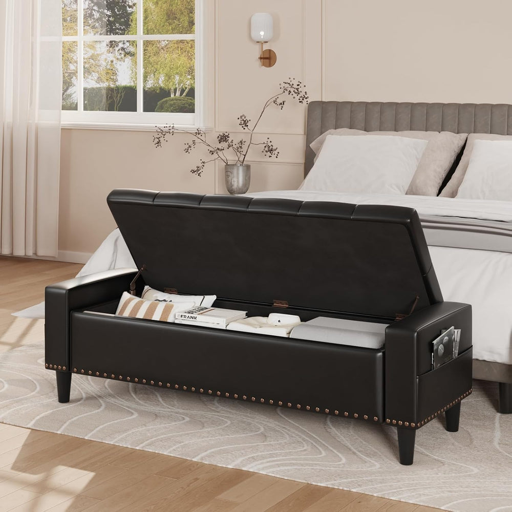 60" Storage Ottoman Bench, Faux Leather Upholstered Bed Bench, Black