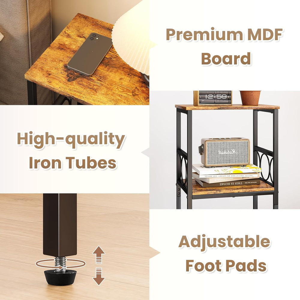 Side Table 3-Tier End Table with Adjustable Shelf Modern Tall Nightstand Smal...
