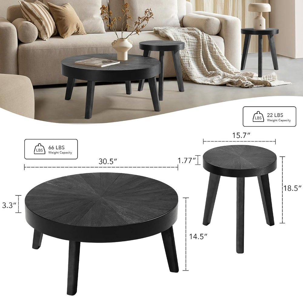 HOKYHOKY Farmhouse Round Coffee Table Set of 3, Coffee and End Table, Black |...