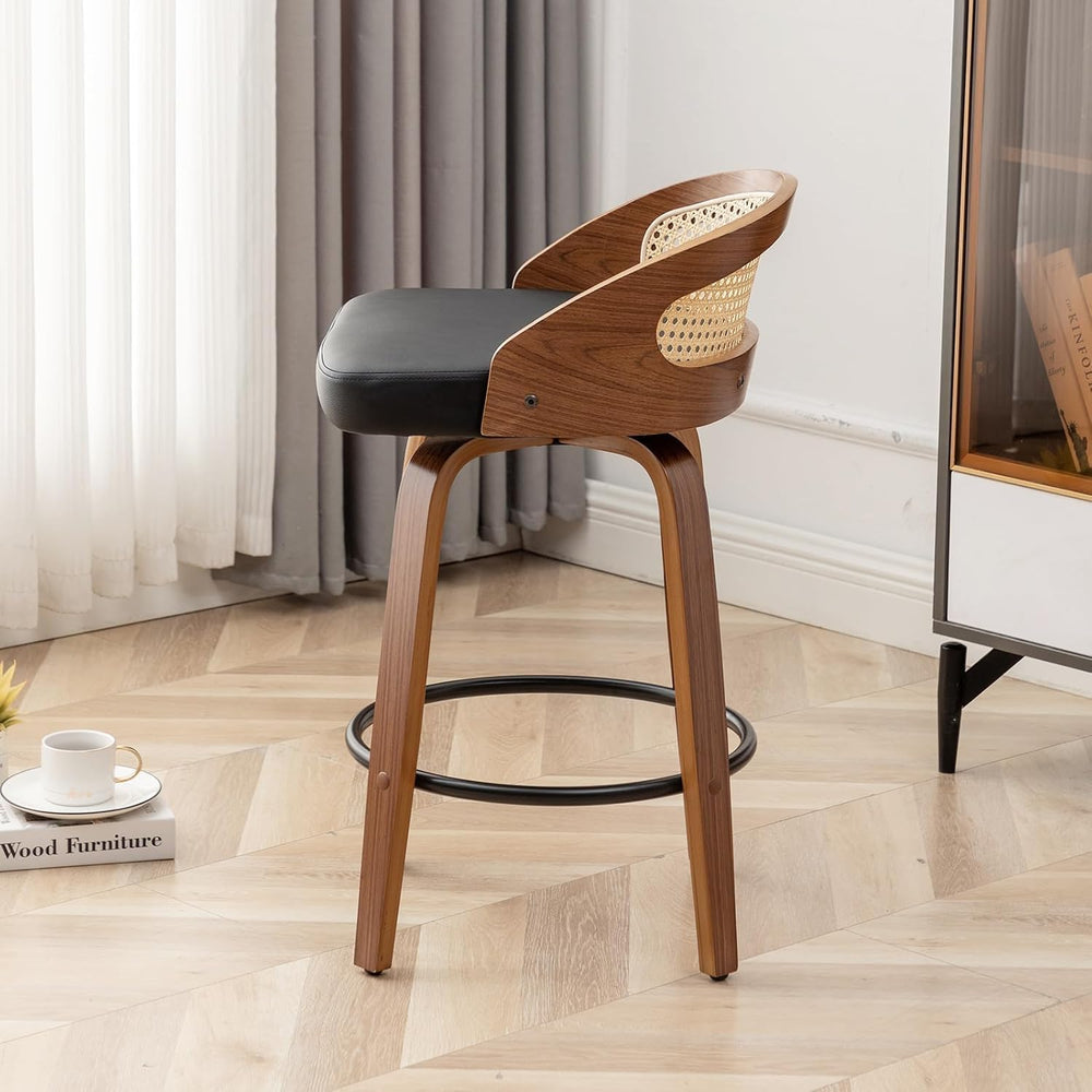 Swivel Rattan Bar Stools Set of 3 with Back,Black Leather barstool chairs