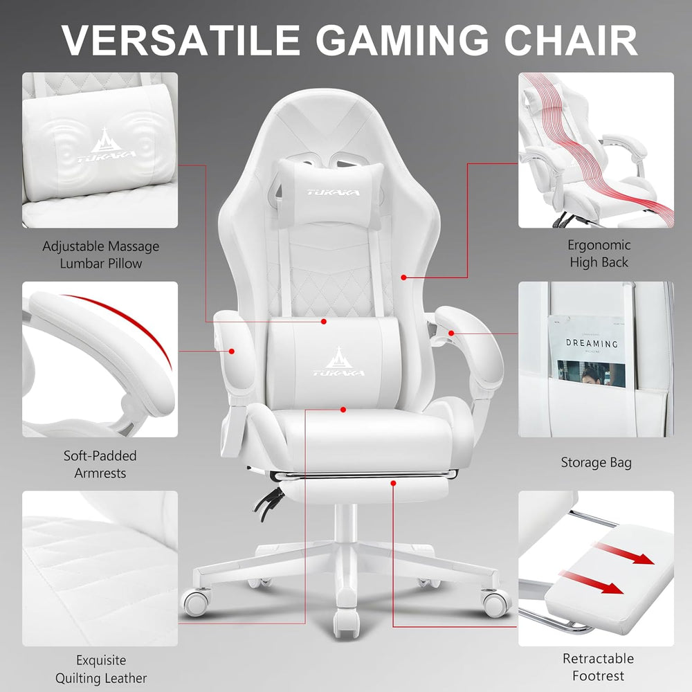 White Gaming Chair,Ergonomic Massage Office Desk Chair with Footrest | Pocket...