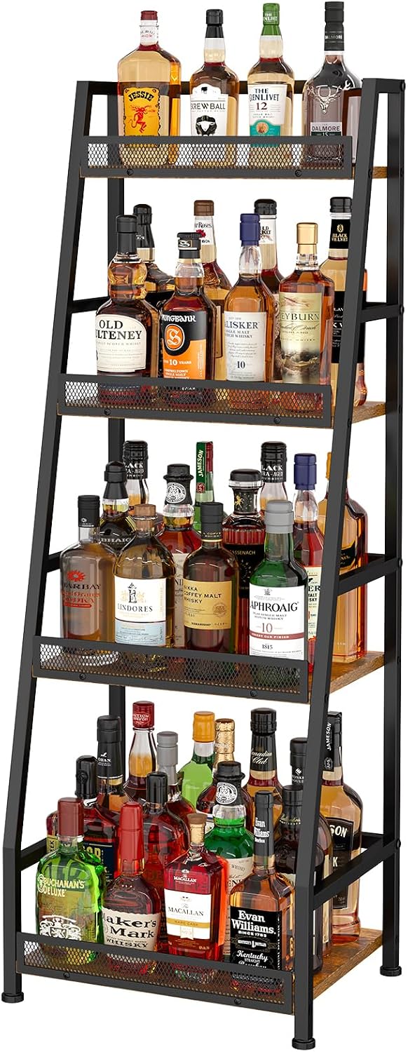 4-Tier Trapezoid Liquor Stand for Home Bar, Stepped Wine Rack Freestanding Fl...