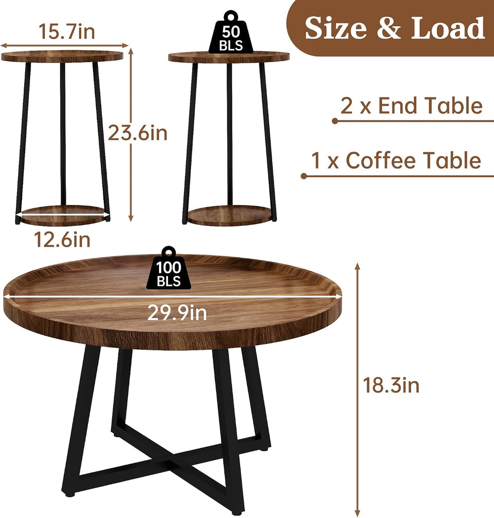 AWQM Coffee Table and End Table Sets, Round Coffee Table Set & 2 End Side...