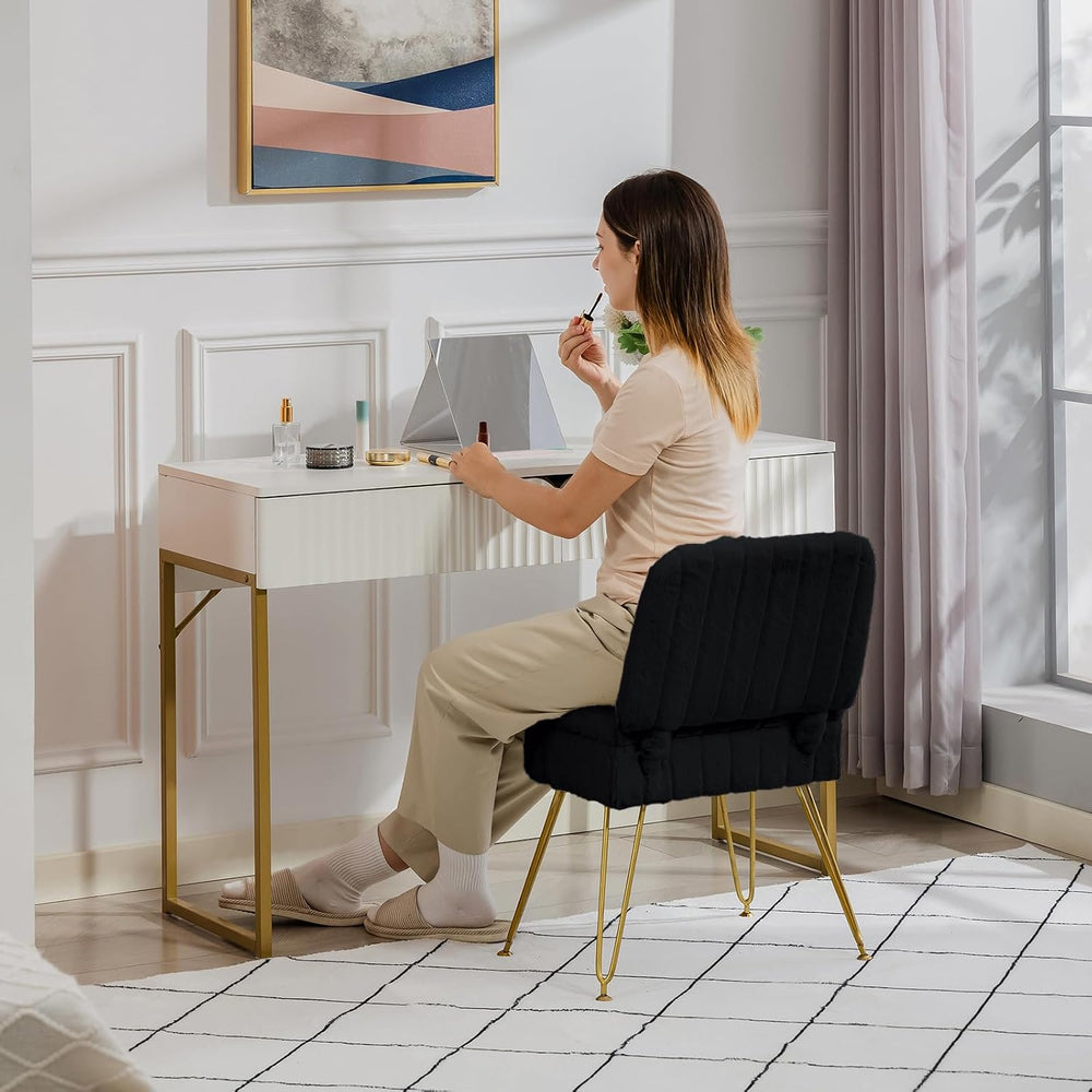 Vanity Chair with Storage | Comfy Ottoman with Folding Back | Faux Fur Vanity...