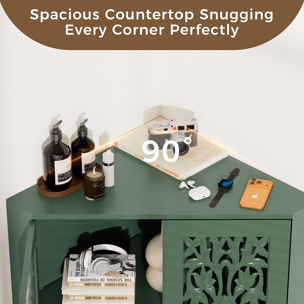 3More Retro Hollow Carved 2-Door Accent Corner Storage Cabinet Green