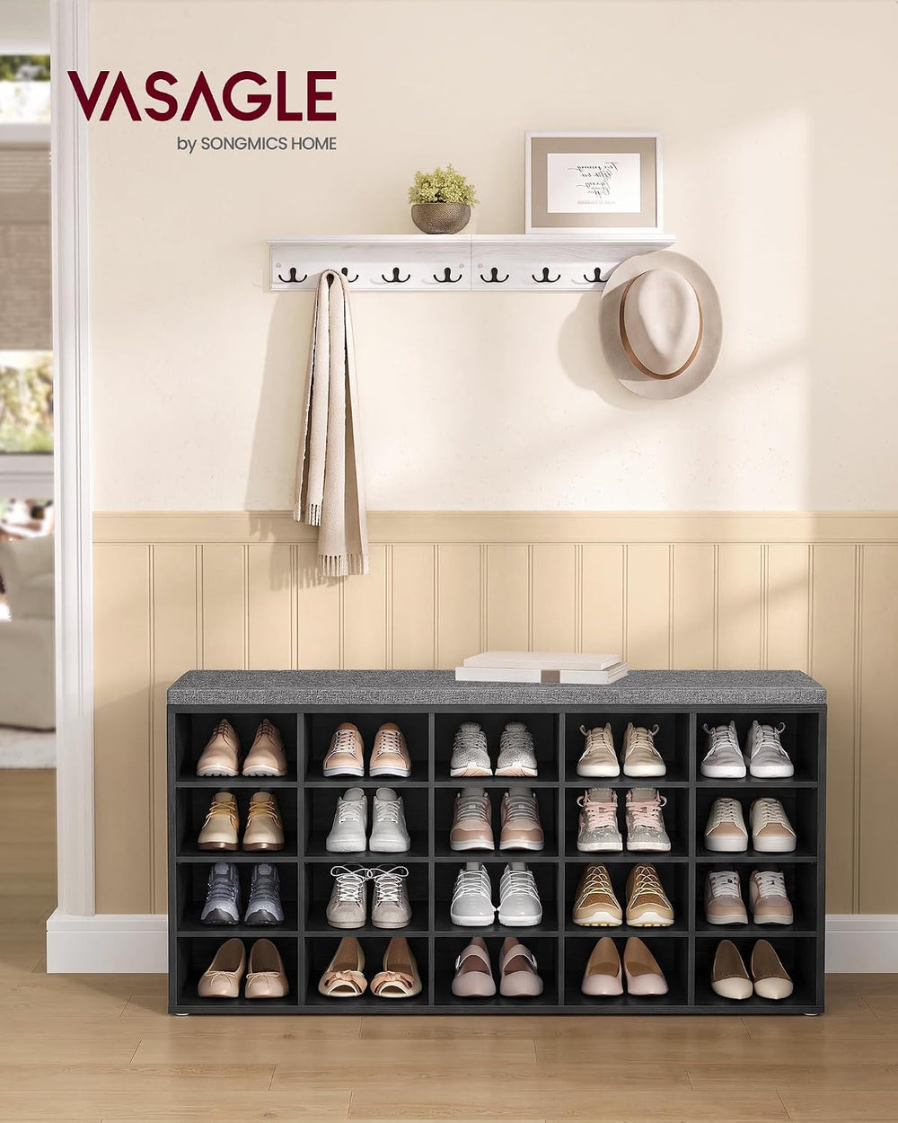 VASAGLE Shoe Bench with Cushion, 20 Compartments, 12 x 47.2 x 24.7 Inches | E...
