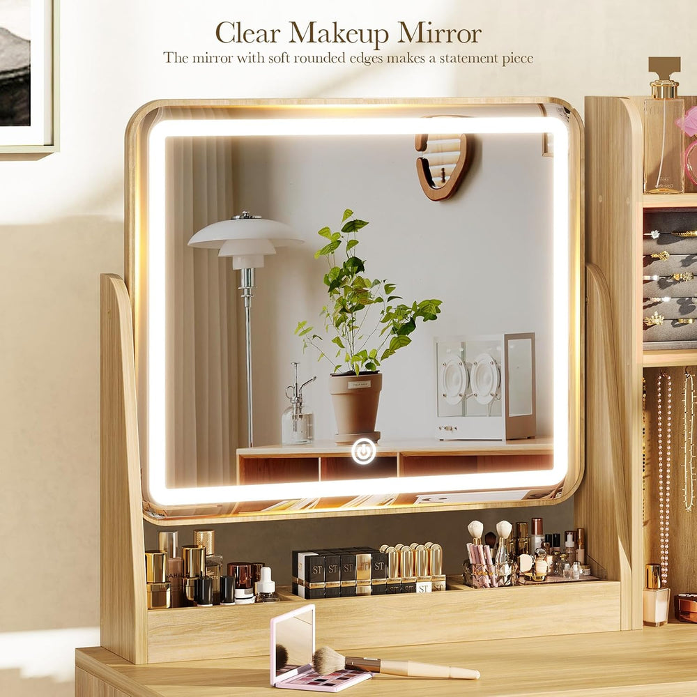 Memobarco Fluted Makeup Vanity Desk with Mirror and Lights | Small Vanity wit...