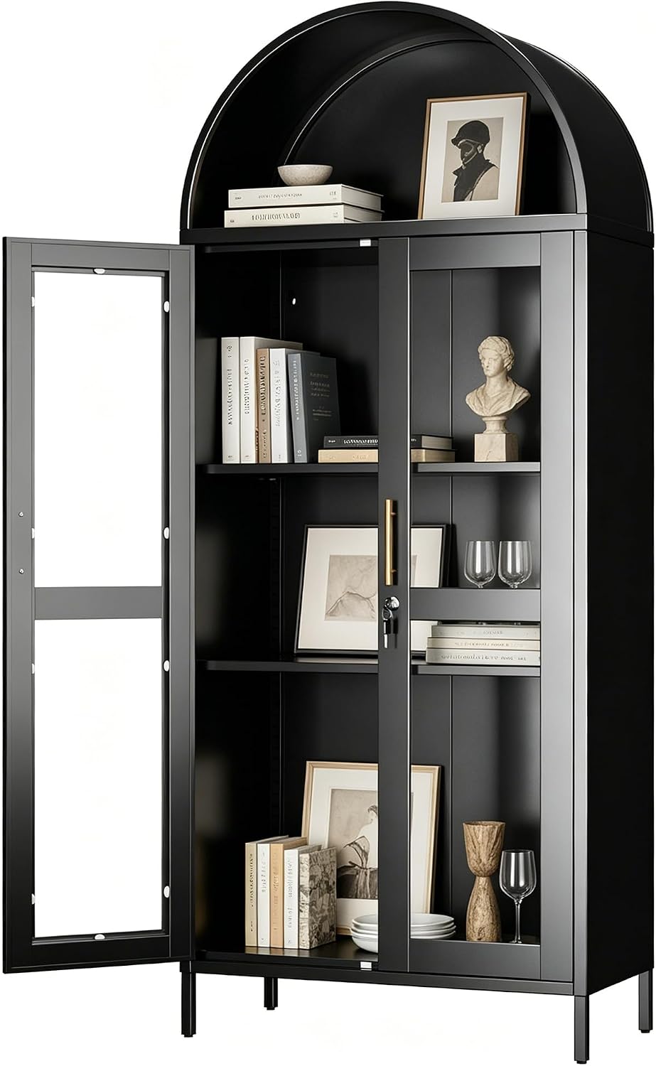 72.8" Tall Display Cabinet with Glass Doors, Metal Arched Cabinet with 2...