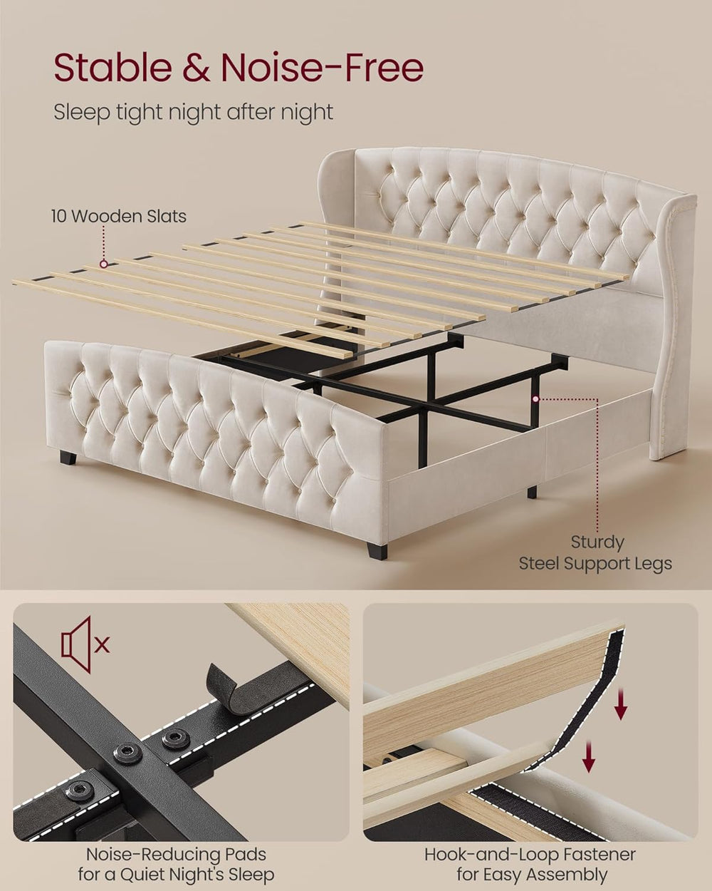 VASAGLE King Platform Bed Frame, Upholstered, Wooden Slats