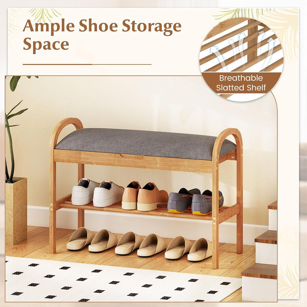 Giantex Shoe Bench with Flip-Top Storage, Bamboo 2-Tier Entryway Bench with P...