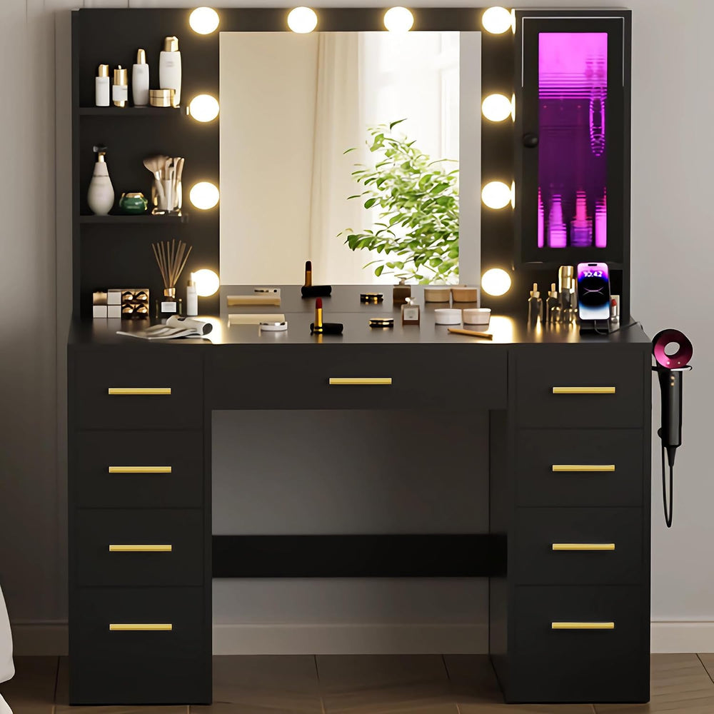 ERLEJIA Vanity Desk with Mirror and Lights, 43" Large Makeup Dressing Ta...