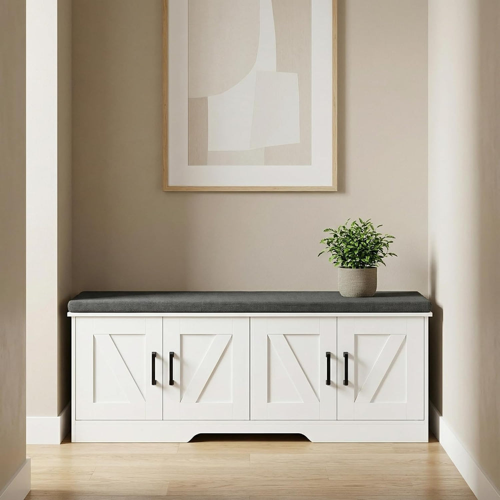 HOMSHO Farmhouse Shoe Storage Bench with 4 Barn Doors & Padded Seat Cushi...