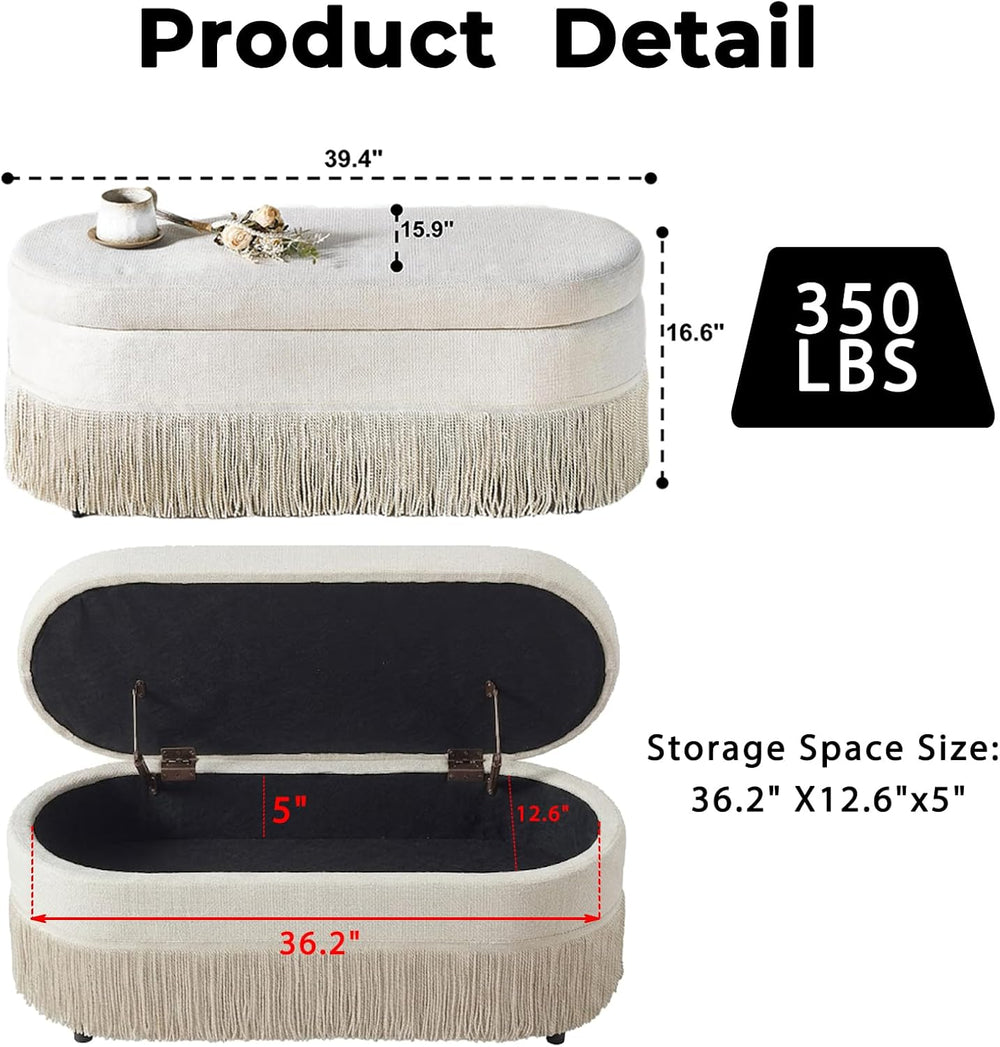 39.4“ Boho Storage Ottoman Bench with Tassels,Upholstered End of Bed Bench | ...
