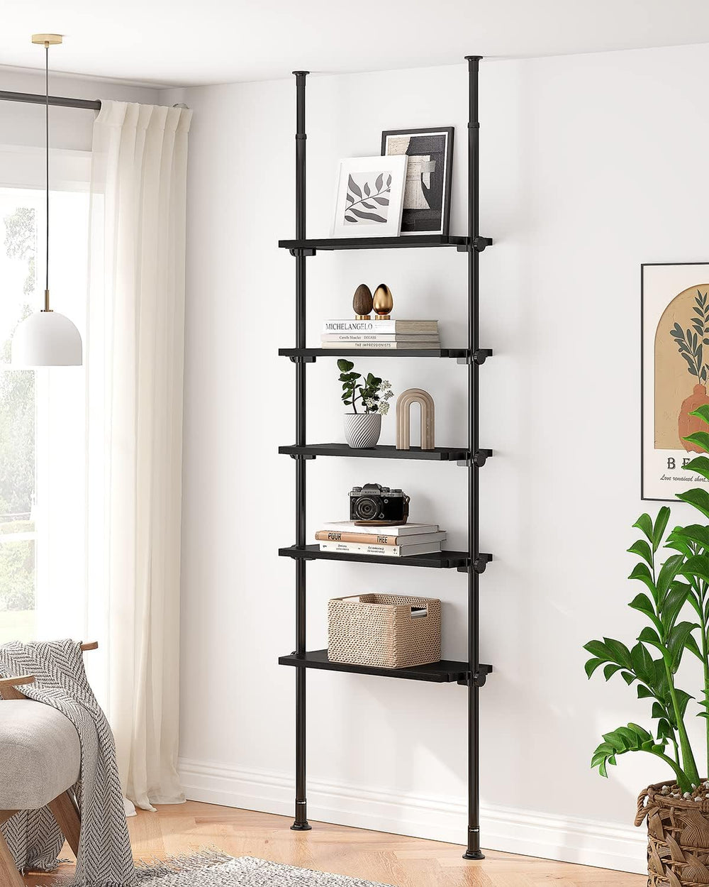 ALLZONE Adjustable Tall Narrow Bookshelf, 5-Tier Floor-to-Ceiling Tension Mou...
