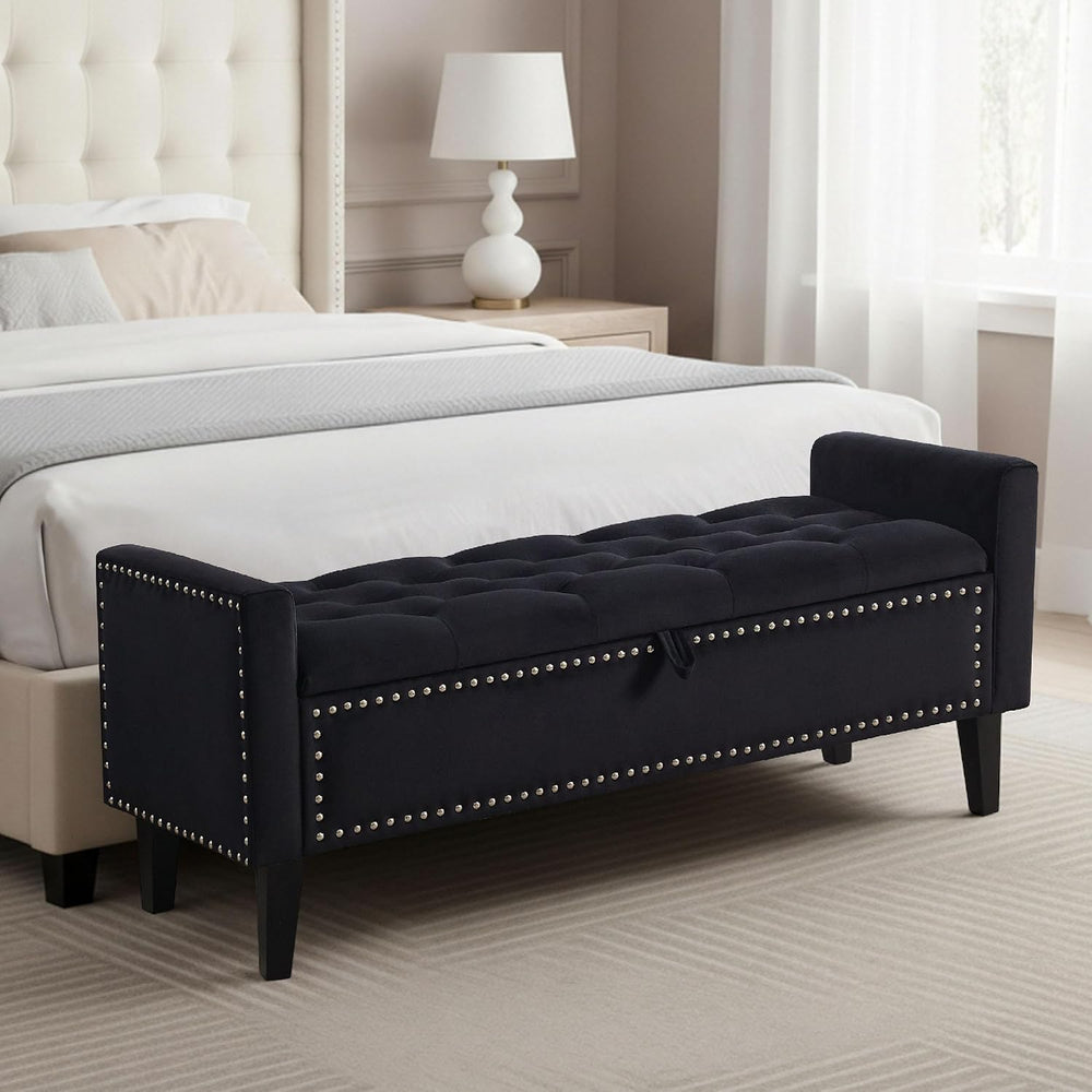 47in Velvet Storage Ottoman Bench with Arms, Upholstered Storage Bench with W...