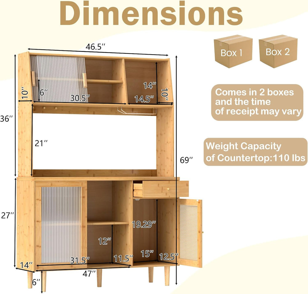 LOKO 69” Tall Bamboo Pantry Cabinet with Hutch, Kitchen Buffet Sideboard with...