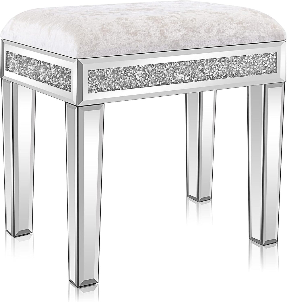 VINGLI Mirrored Vanity Stool with Storage, Upholstered Velvet Ottoman, Makeup...