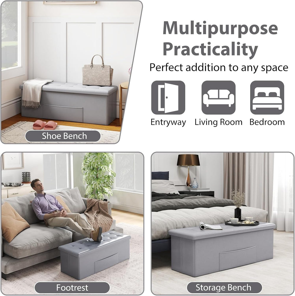 Giantex 43 Inches Folding Storage Ottoman Bench, Upholstered PU Leather Stora...