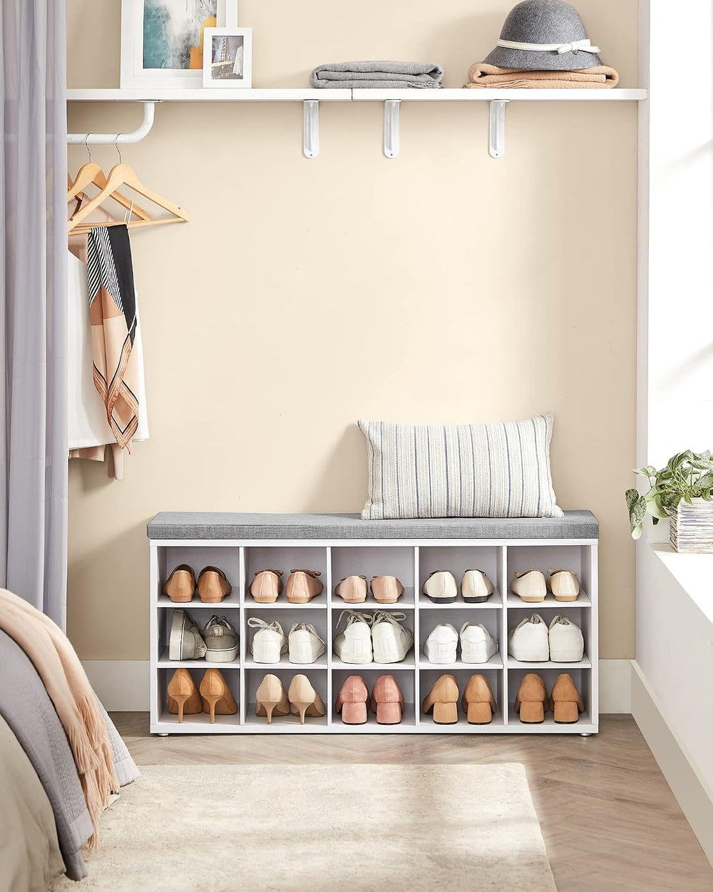 VASAGLE Shoe Bench with Cushion, 15 Compartments, 11.8 x 41.3 x 18.9 Inches |...