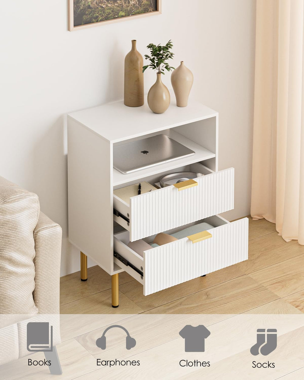 Night Stand,25.7" H Bedside Table with 2-Drawer Shelf,Morden Nightstand ...