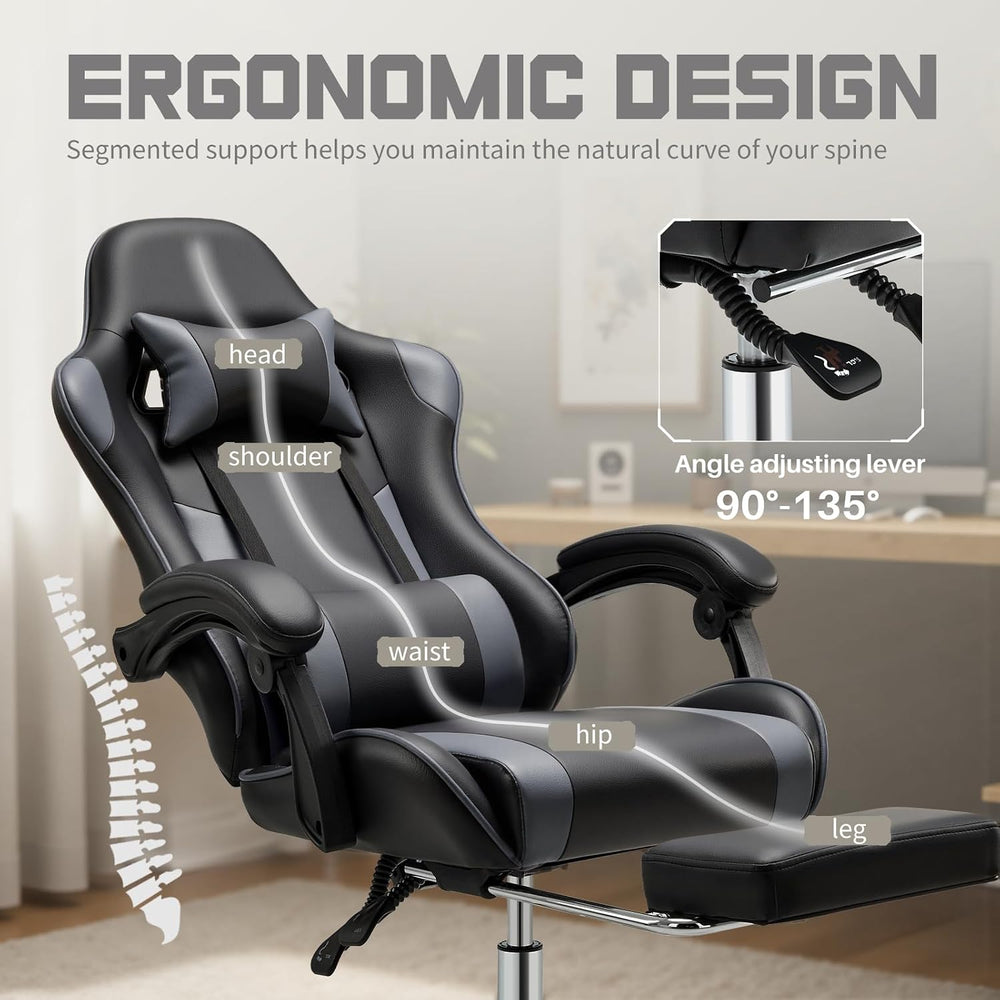 DUMOS Ergonomic Gaming Chair with Footrest, Home Office Desk Chair | PU Leath...