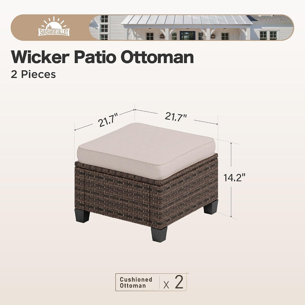 SUNSHINE VALLEY Outdoor Patio Ottomans,2 Pieces All Weather Wicker Ottomans w...