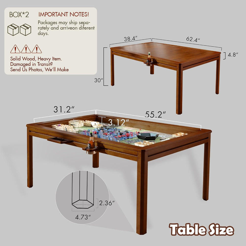 Solid Wood Board Game Table with Removable Table Top for 4–6 Players,Gaming T...