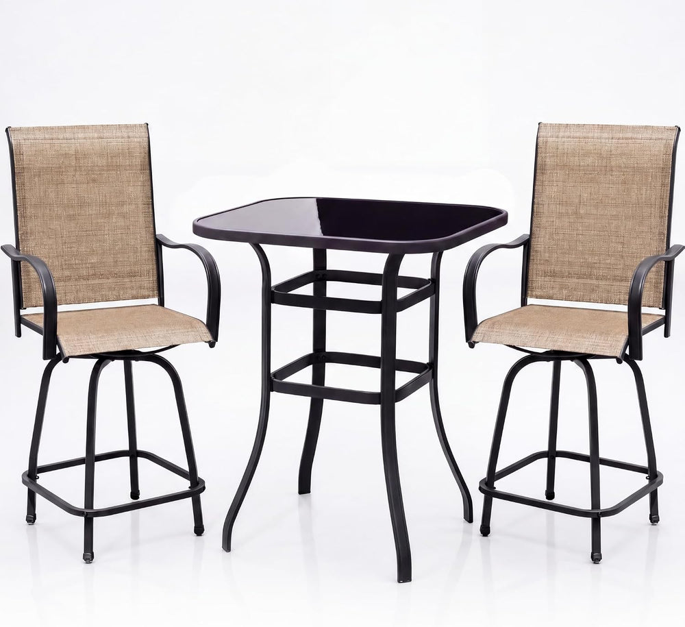 Greesum 3-Piece Patio Bar Set, High Top Table & 2 Swivel Bar Stools with ...