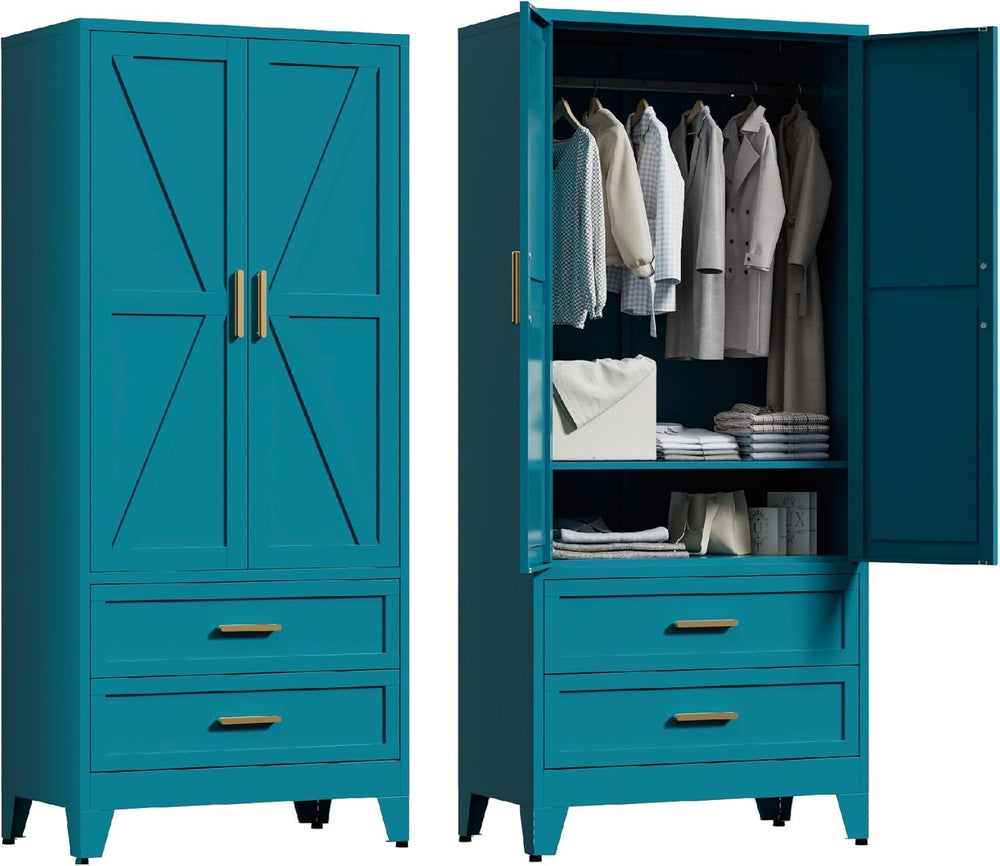 Washsemba 71'' Farmhouse Metal Wardrobe Cabinet with Hanging Rod, 2 B...