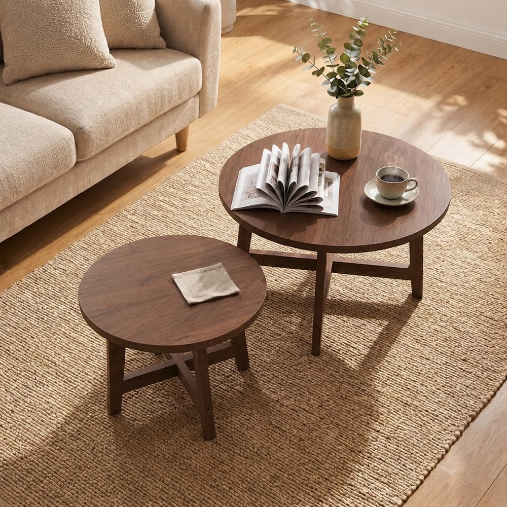 Set of 2 Round Nesting Coffee Tables,Walnut Tone | X-Shaped Frame, Stackable ...