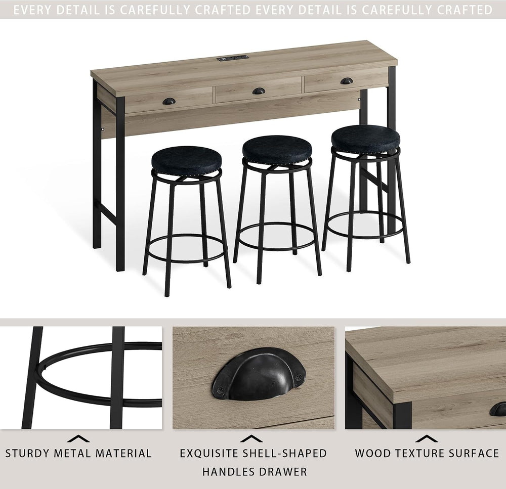 Bar Table and Chairs Set, 60.24” Long Pub Tables with 3 Stools, High Top Tabl...