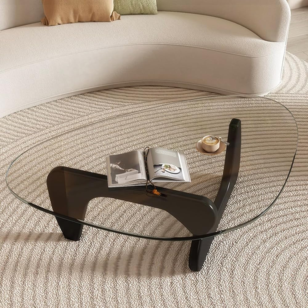 Mid-Century Modern Glass Coffee Table,Triangle Tempered Glass Top Wooden Base