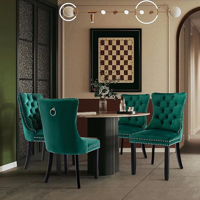 Velvet Upholstered Dining Chairs Set of 4, Modern Style Kitchen Side Chairs w...
