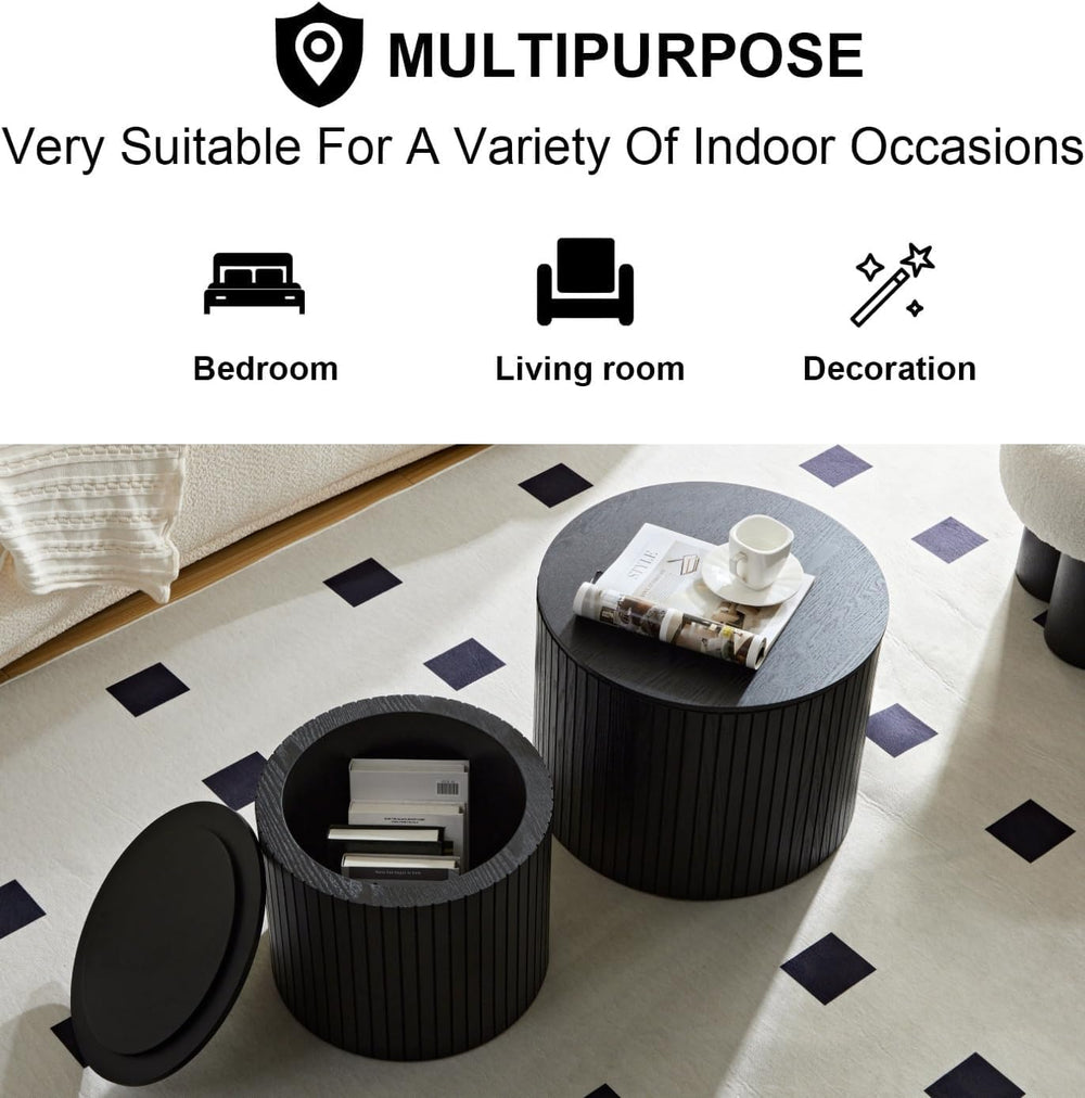 Round Nesting Coffee Table Set of 2, Wood Side Tables with Storage | Fluted W...