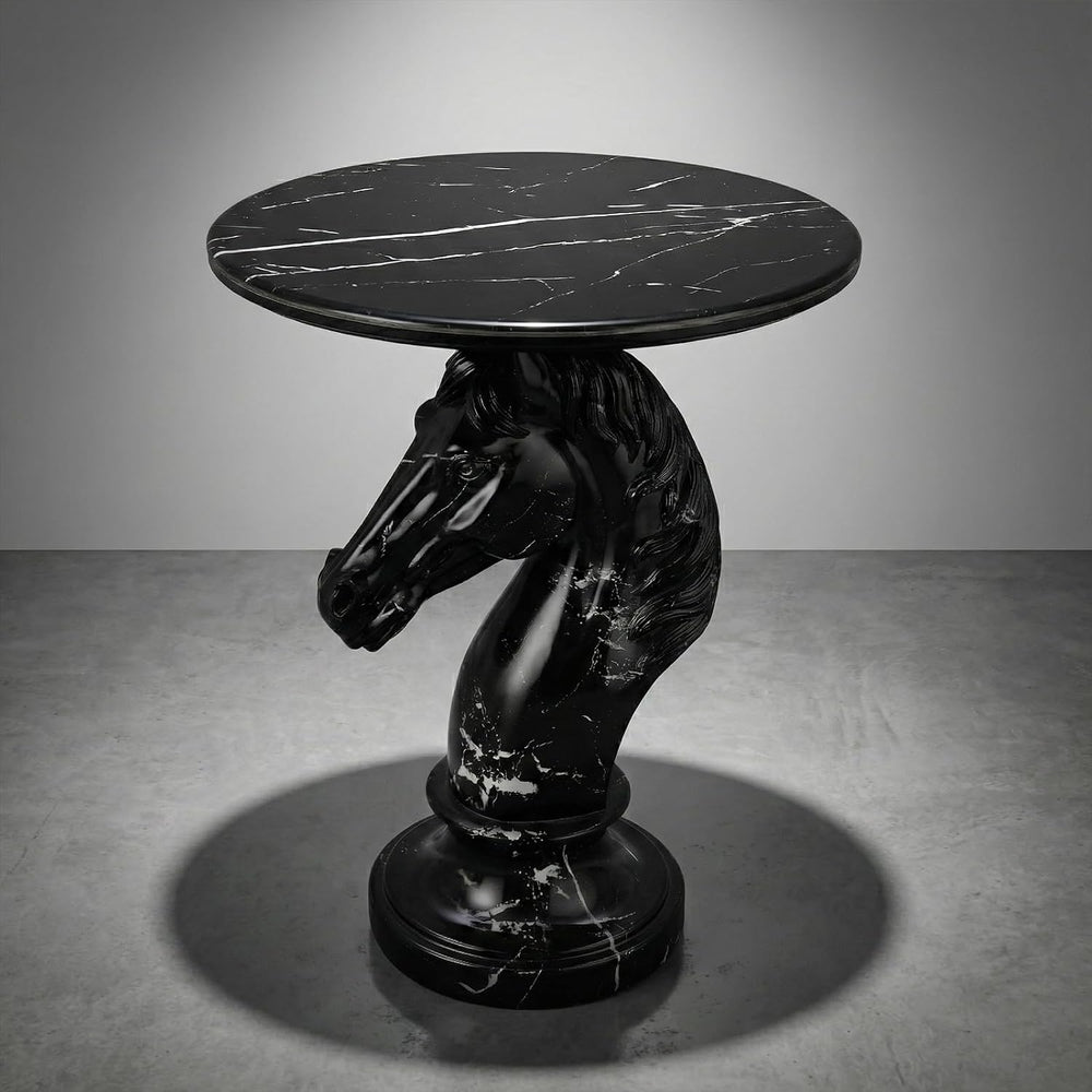 Horse Head Side Table, Faux Marble Round End Table with Resin Sculpture Pedes...
