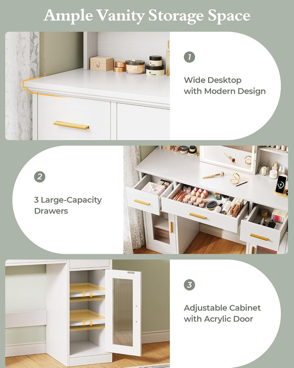 Memobarco 43.5-inch Large White Makeup Vanity Desk with Sliding Mirror | Smar...