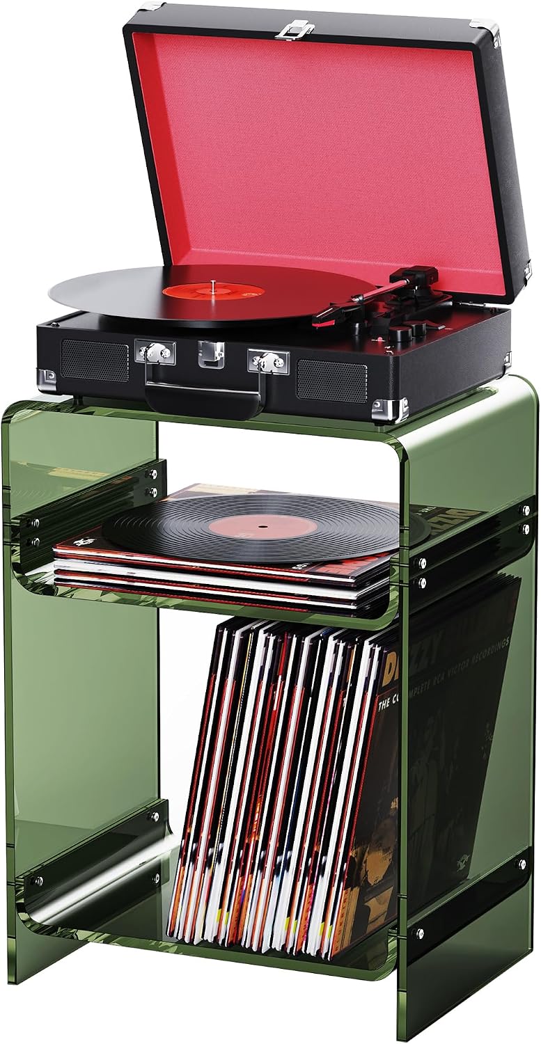 Acrylic Record Player Table with Storage Shelf, Clear Side Table Nightstand (...