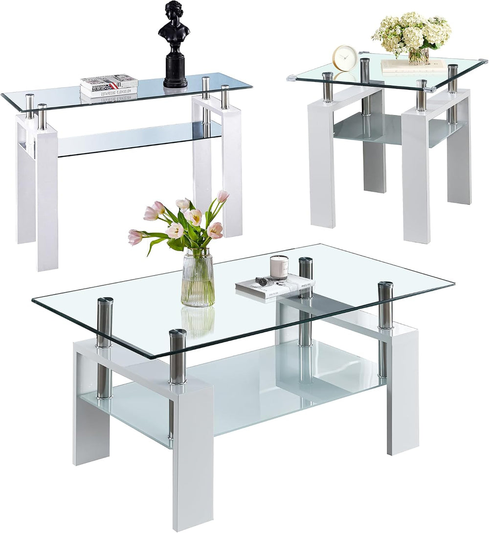 Rectangle Glass Coffee Table Set of 3,2-Tier Modern Glass Living Room Set Inc...