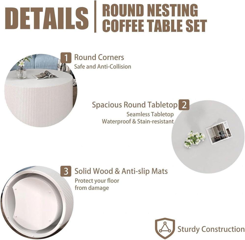 27.5" Round Nesting Coffee Table Set of 2 (White) | Wooden Fluted Drum S...
