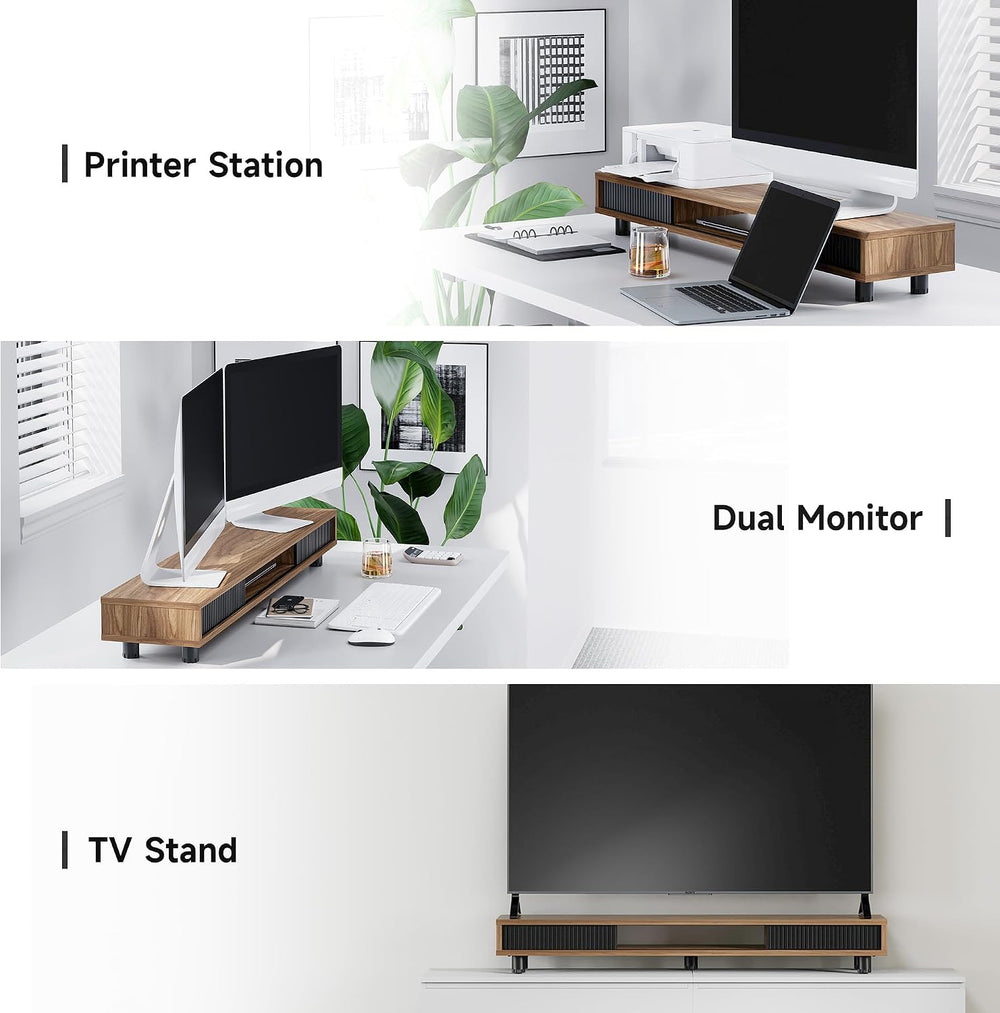 Fenge Dual Monitor Stand with Storage, Desk Shelf with Glass Sliding Door