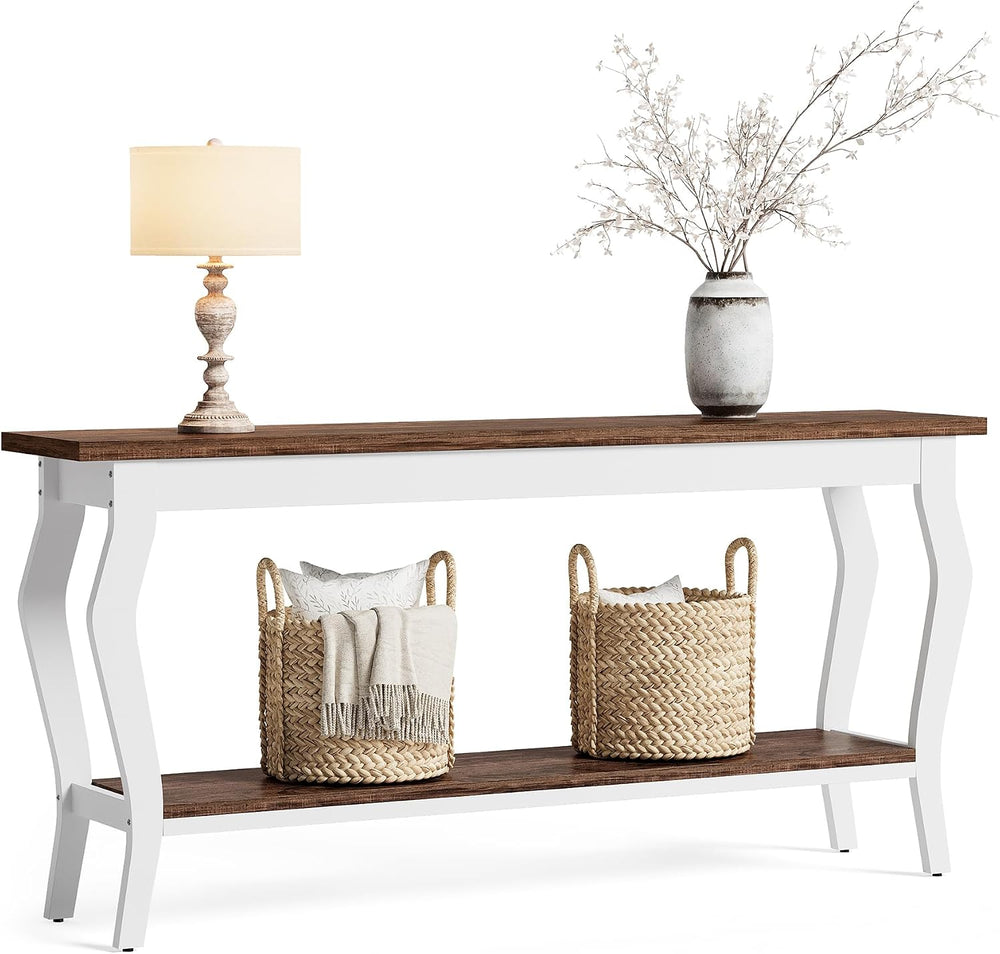 LITTLE TREE 70.9 Inches Long Console Table, 2-Tier Vintage Wooden Sofa Table ...