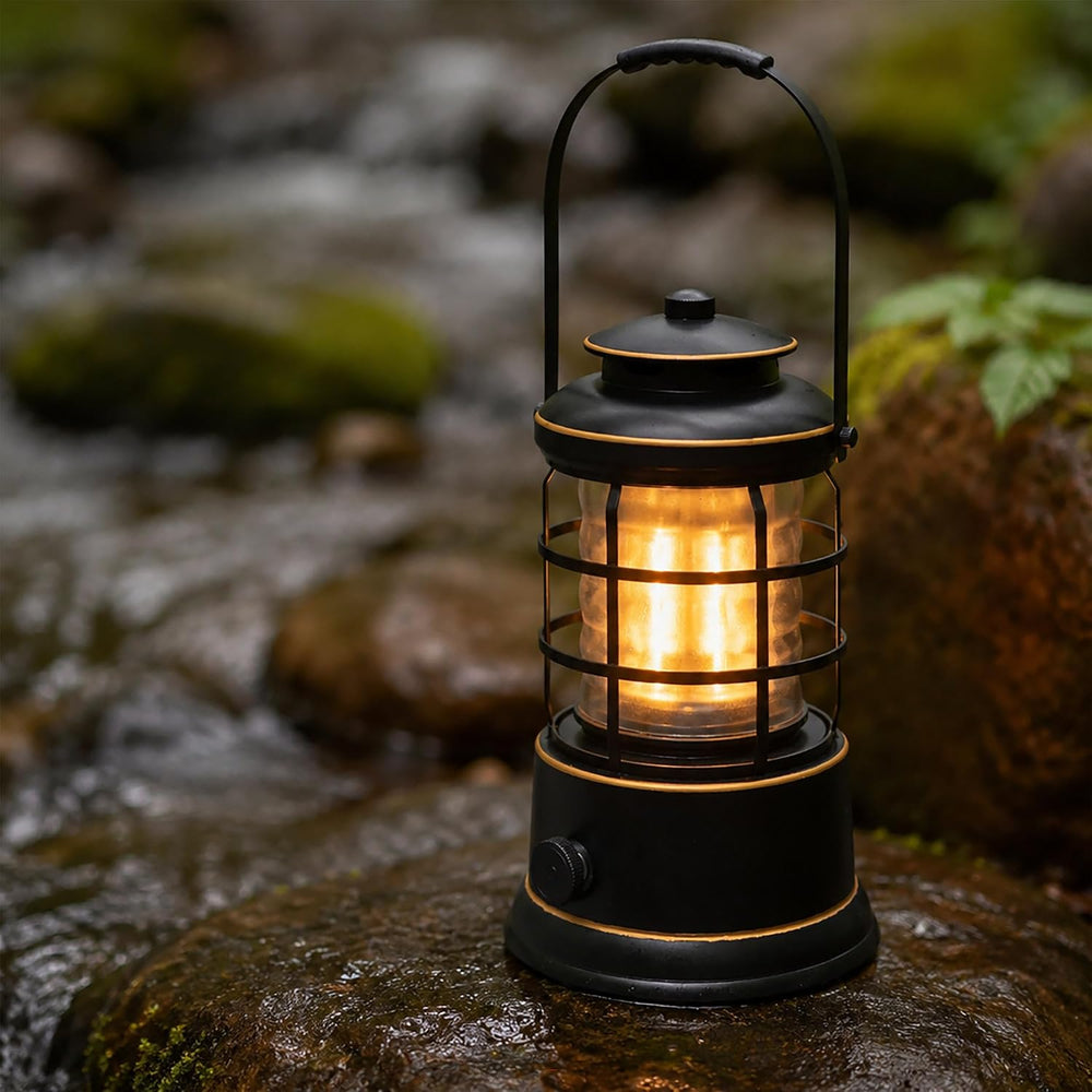Rechargeable Camping Lantern, Vintage LED, Battery Powered, Black