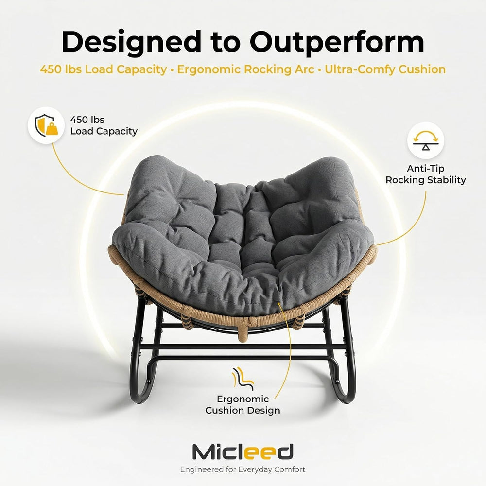 Oversized Papasan Rocking Chair Outdoor, Comfy Wicker Patio Papasan Egg Rocke...