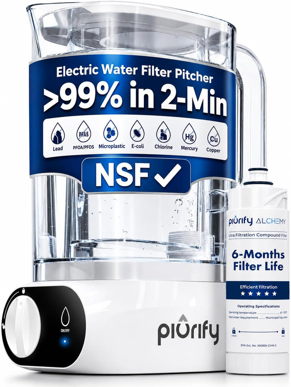 PIURIFY Compact Electric Water Filter Pitcher | Filters 50 oz in 2-Min