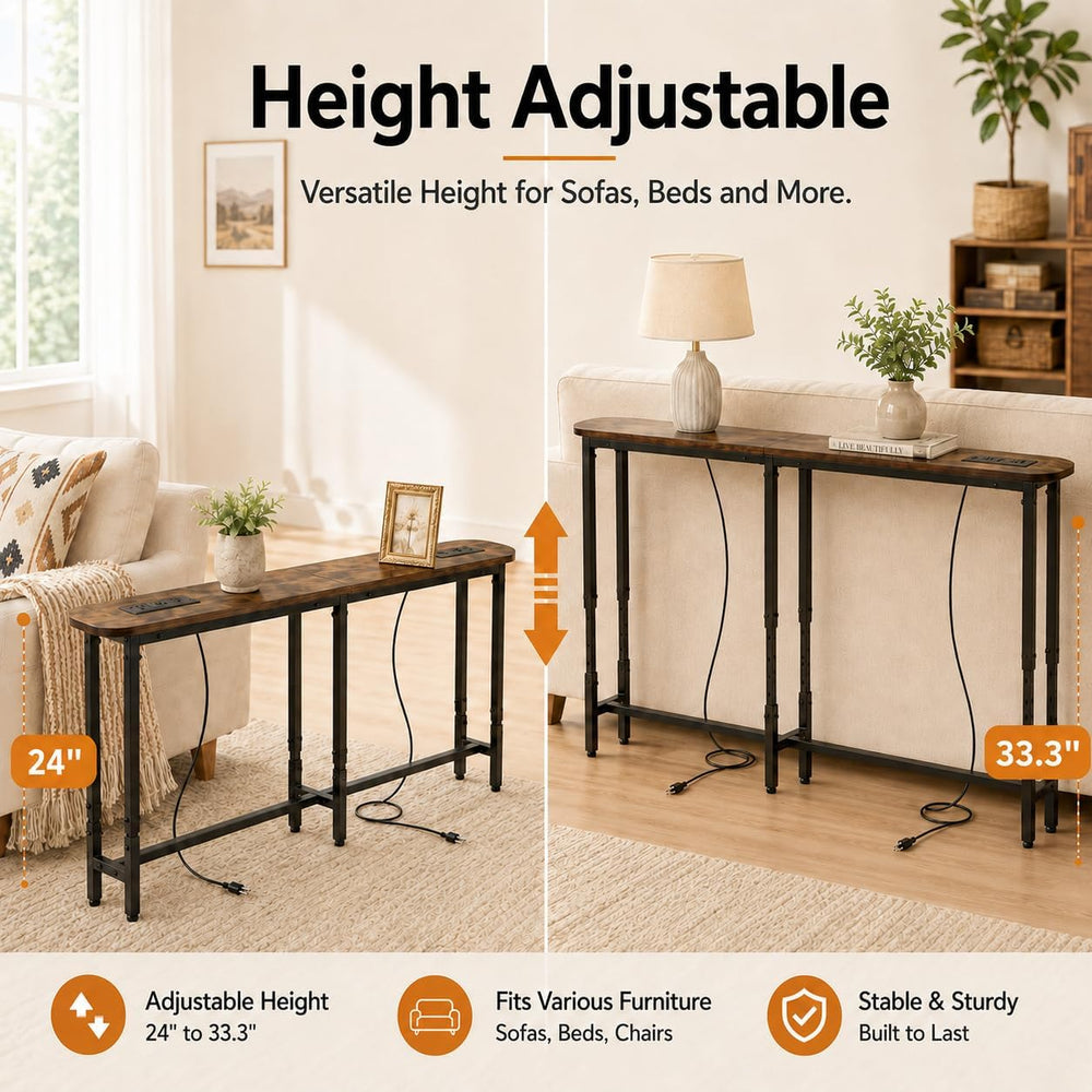 Forteek 78.8" Narrow Sofa Table with Power Outlets, Adjustable Height | ...