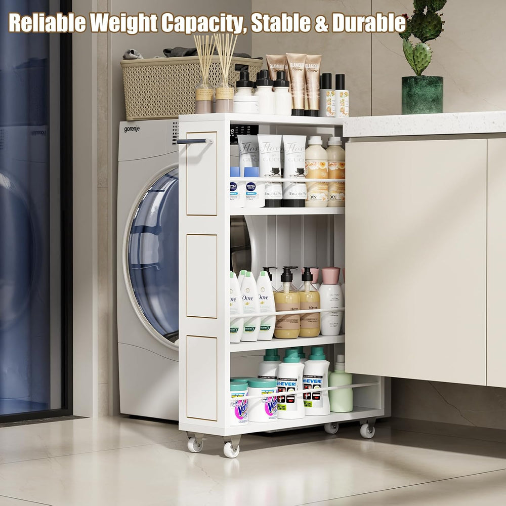 KLM 4 Tier White Slim Storage Cart with Handle, Slide Out Storage Rolling Uti...