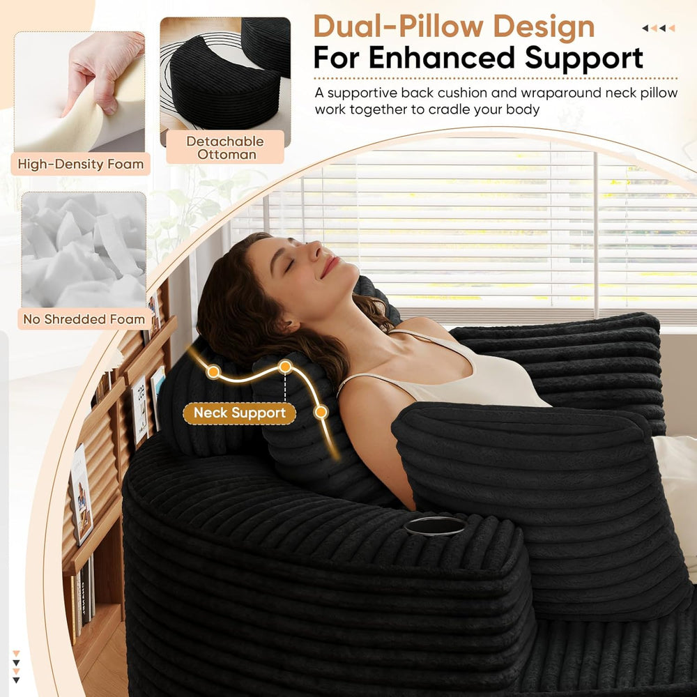 Oversized Round Chaise Longue Chair with Ottoman, Modern Corduroy Deep Seat C...