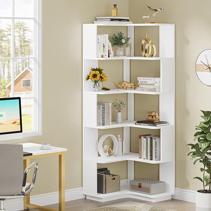LITTLE TREE Corner Bookshelf, 64.9 Inch Tall Bookcase with Anti-Drop Panel, M...