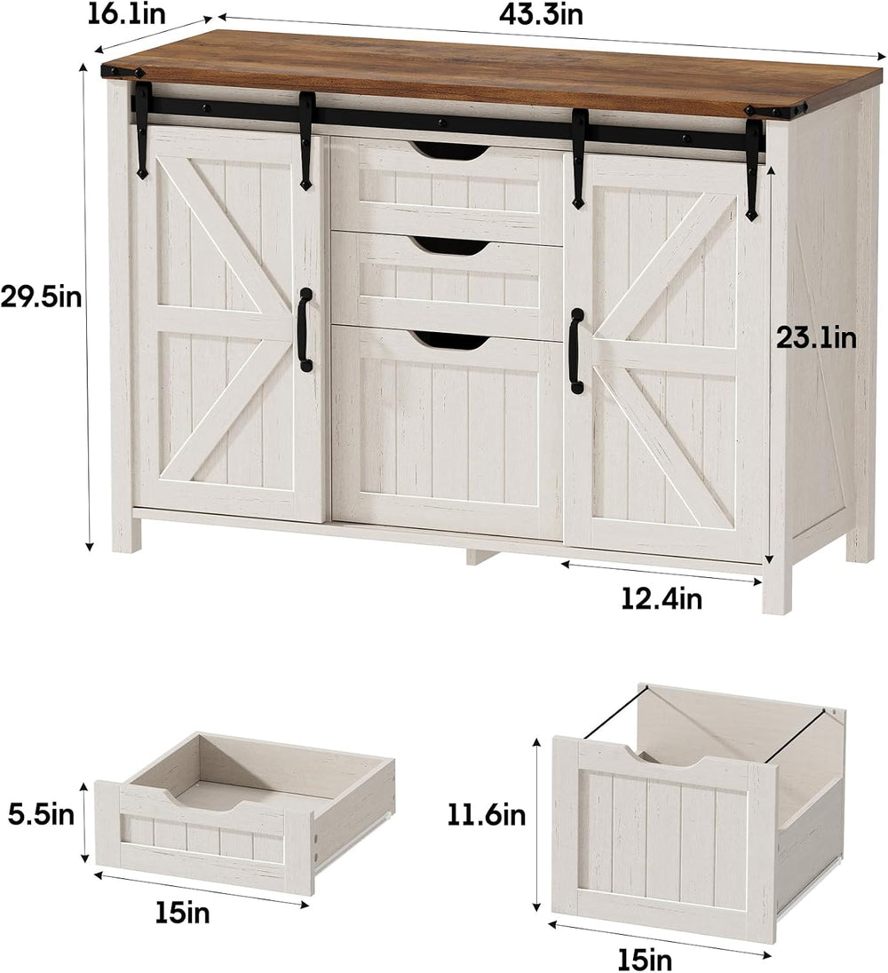 Halitaa 43.31” Farmhouse File Cabinet with Sliding Barn Door, Off White